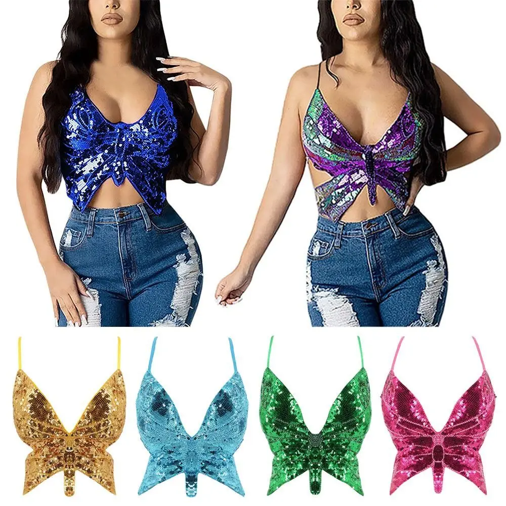 

Women Sexy Bandage Butterfly Bra Sparkly Nightclub Halter Back Bras Sequin Stage Costume Accessories