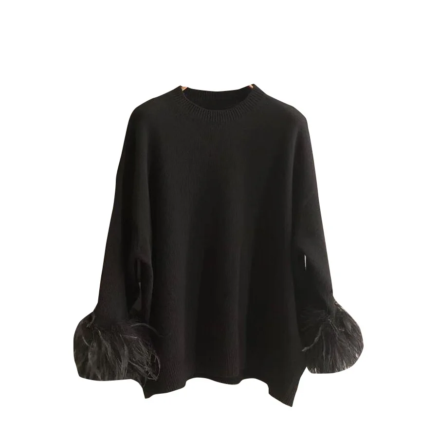 سترة سوداء المرأة ريش النعام كم طويل رقبة مستديرة بلوفر مغزول قمة الخريف الحلو