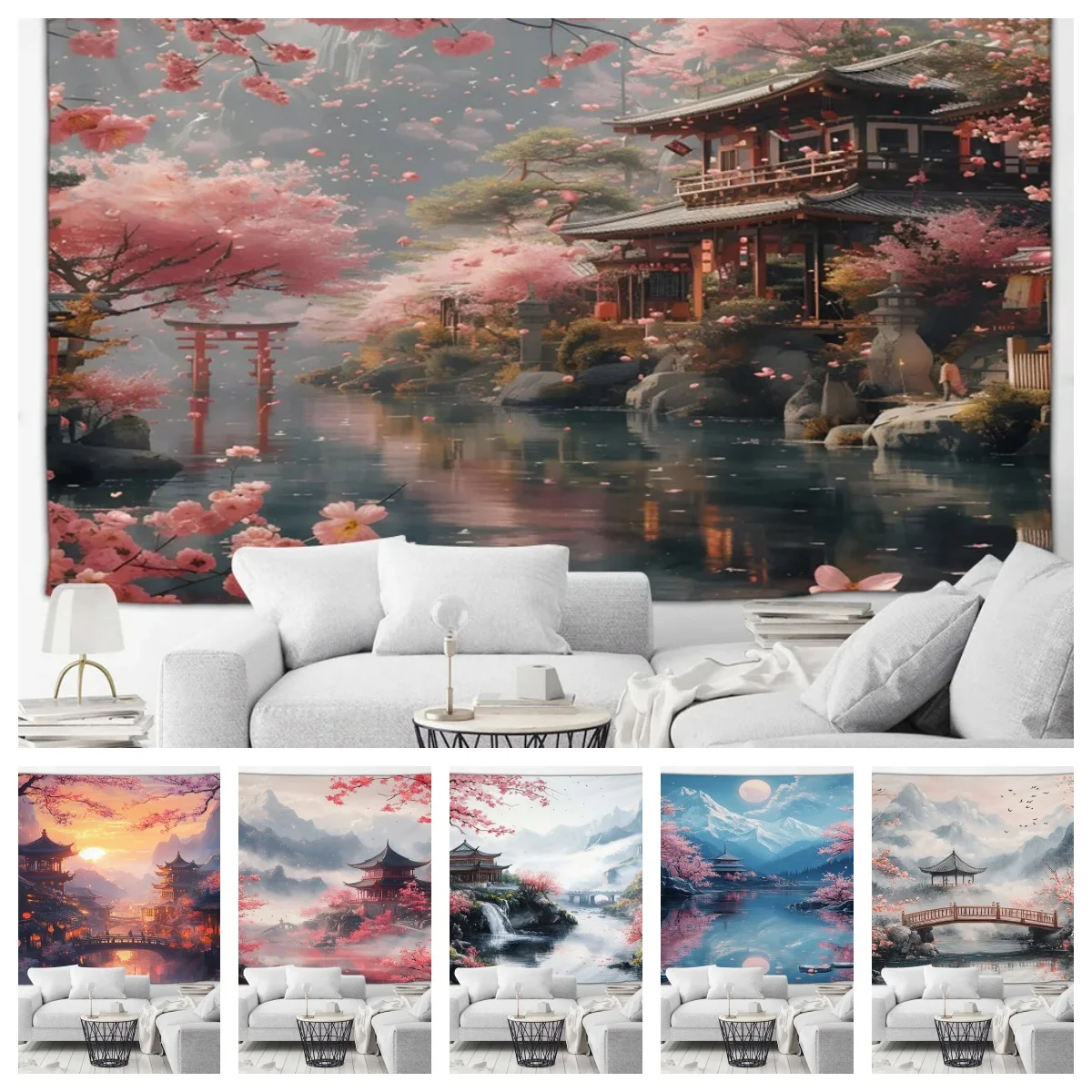 Japanese Scenery Tapestry Cherry Blossom Flowers Misty Landscape Chinese Style Wall Hanging Art Decoration Home Decor Background