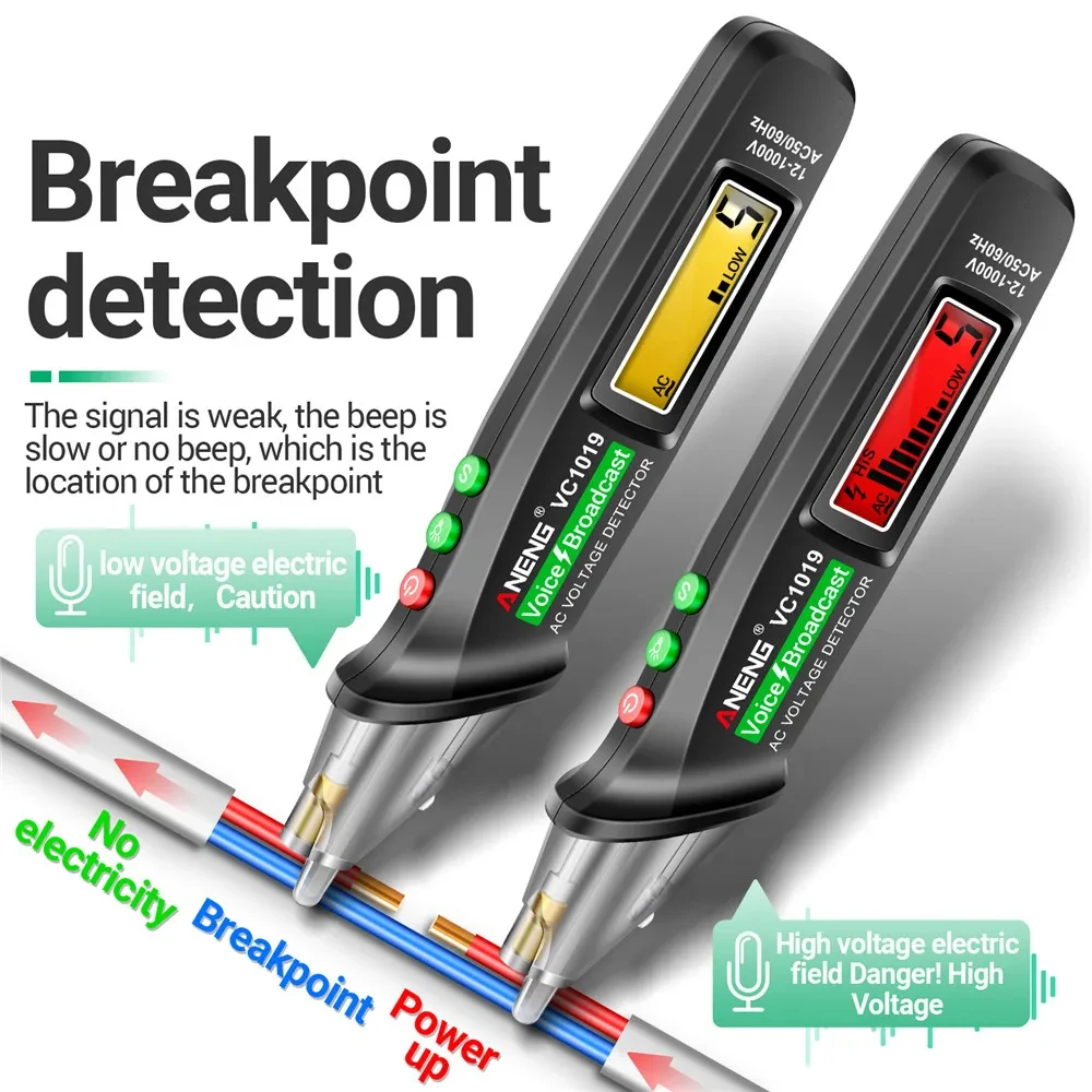 VC1019 Digital Voltage Detectors 12V-1000V Infrared Sensor Positioning Voltage Tester Electric Wire Detector Voice Broadcast Pen