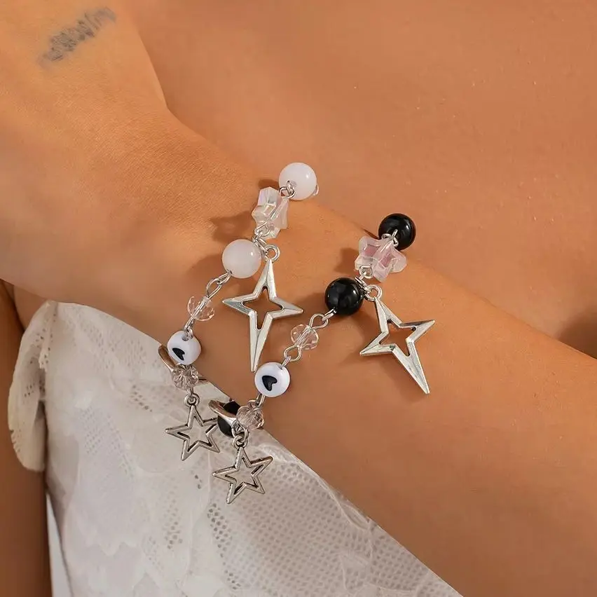 Lacteo Trendy Sliver Color 2Pcs/Set Imitation Crystal Couple Adjustable Bracelet Hollow Star Spiral Circular Pendant Romantic