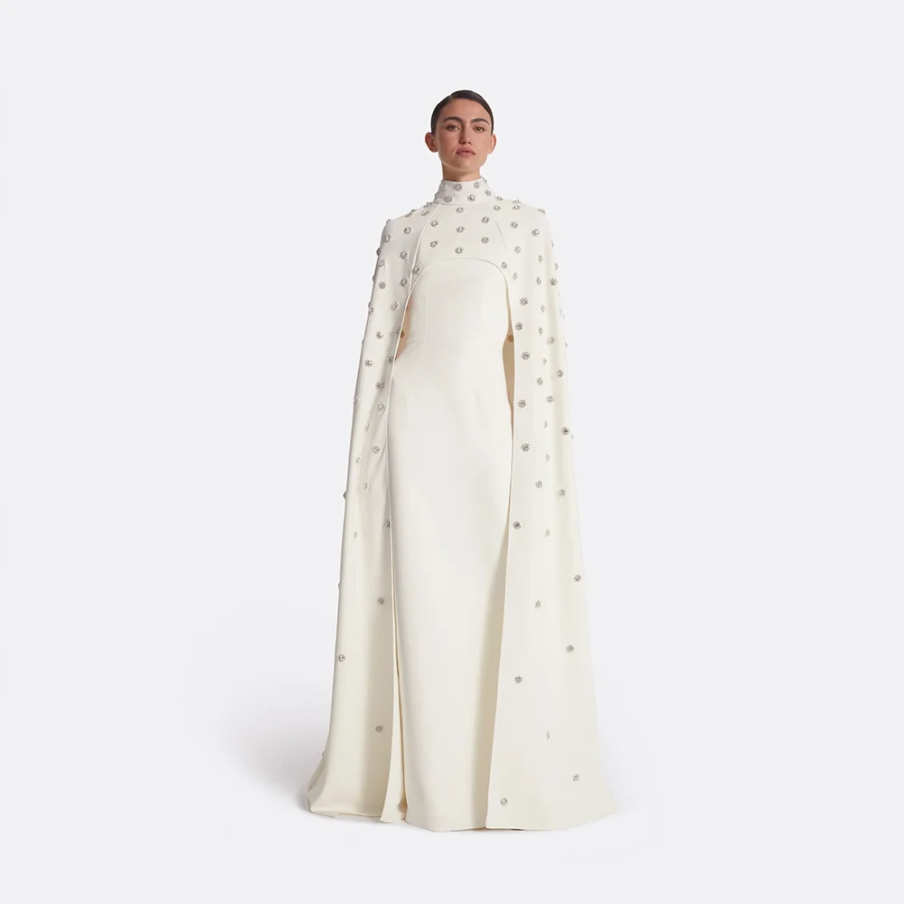 

Классическое вечернее платье с высоким воротником и длинными рукавами, с кристальной накидкой, для выпускного вечера, индивидуальный пошив, прямое, из джерси, для торжественных случаев, длинное