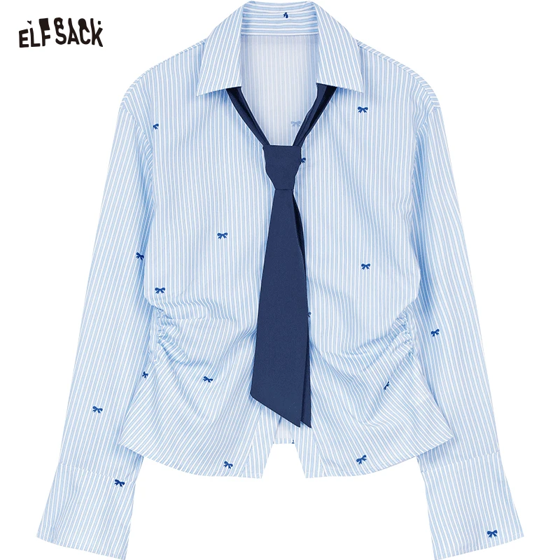 ELFSACK 2025 Spring New Arrivals Blue White Striped Butterfly Embroidery Shirt Women Preppy Style Slim Fit Single Breasted Top