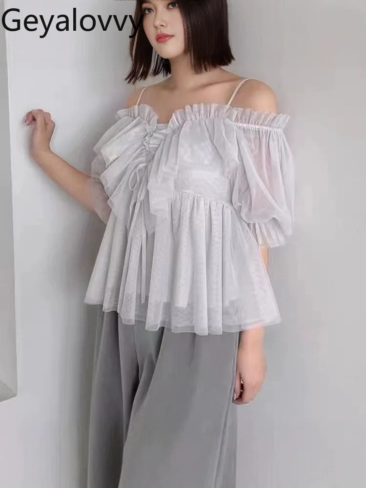 Romantyczna bluzka z falbankami, odkryte ramiona, wysoki stan, szyfonowa bluzka, modna, jednolita, damska, letnia.