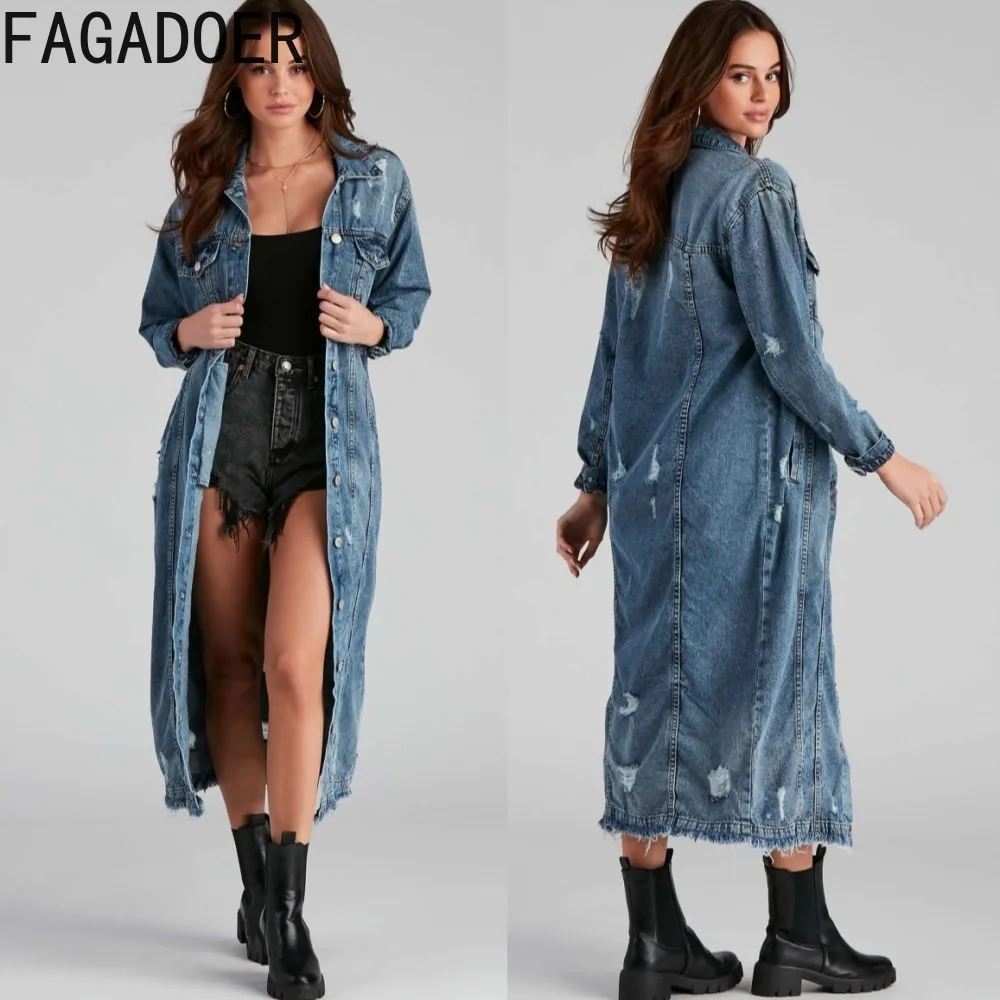 

FAGADOER Dark Blue Fashion Hole Pocket Loose Denim Jacket Women Turndown Collar Long Sleeve Coats Casual Female Cowboy Tops 2024