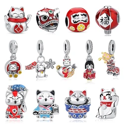925 Sterling Silver Charm ลูกปัด Fortune Cat จีนใหม่ปีจี้ Charms สาวญี่ปุ่น Fit Pan ยี่ห้อสร้อยข้อมือผู้หญิงเครื่องประดับ
