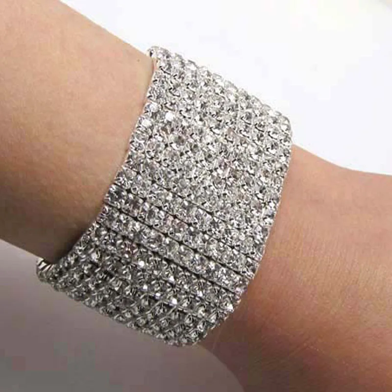 10 Rows Diamante Rhinestone Elastic Bridal Bangle Bracelet Stretch Wristband Brazaletes Pulseras Mujer Pulseira Feminina Bangles