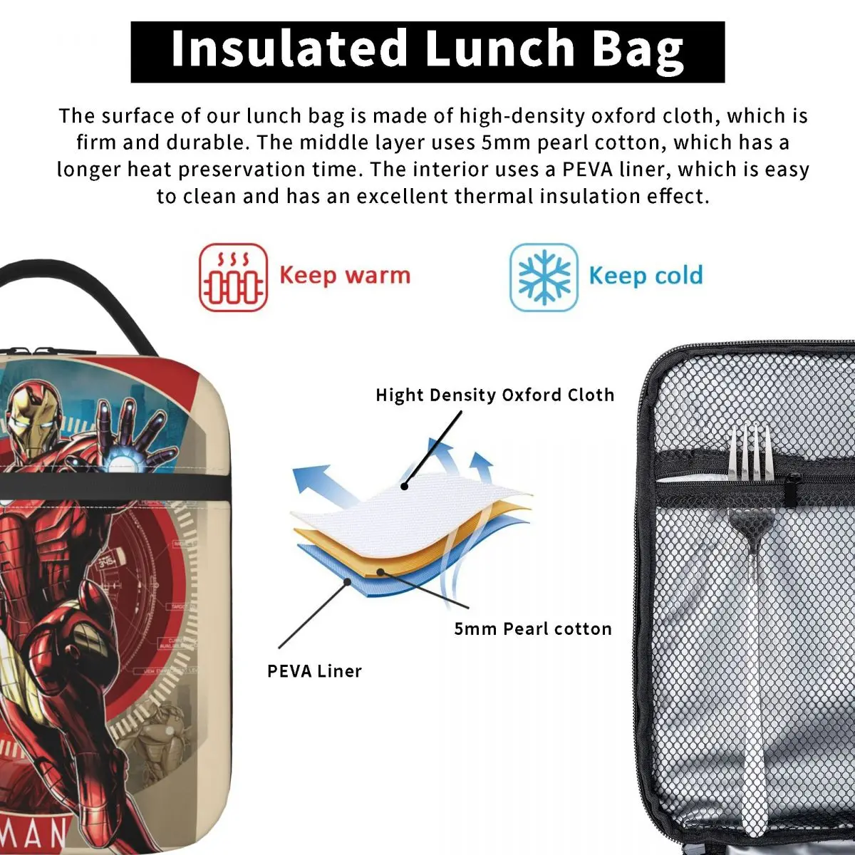 الرجل الحديدي خمر التكنولوجيا المشارك حقيبة الغداء الترفيه علب الاغذية للنساء مدرسة المحمولة معزول حقيبة للحفاظ على البرودة أكياس الغداء الحرارية