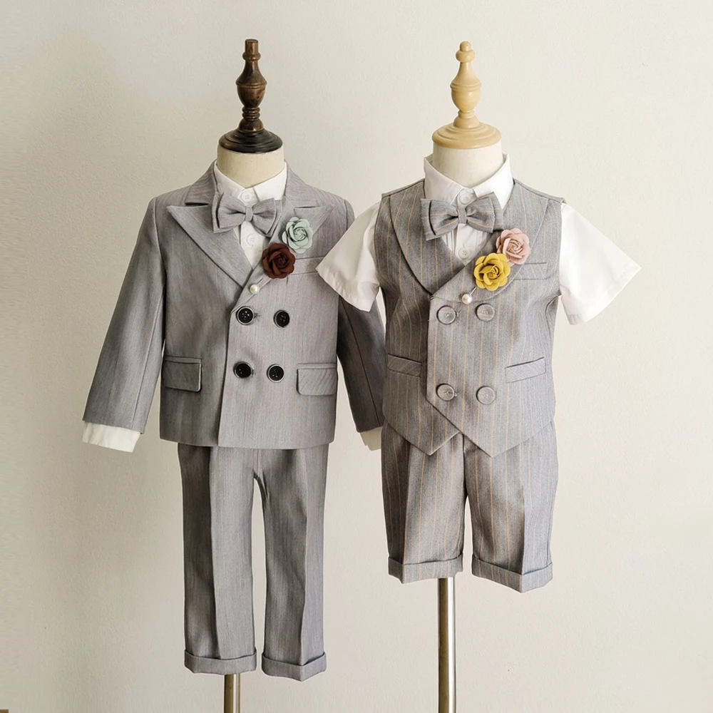 Boys' Formal Grey Stripe Suits Set Child Wedding Host Performance Birthday Photography Costume Kids Blazer Pants Bow tie Outfit