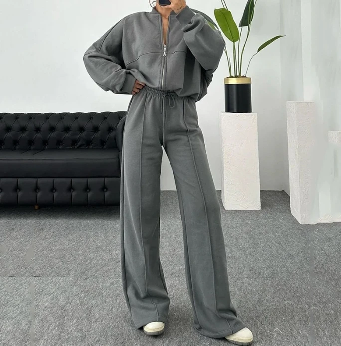 

Elegant Womens Two Piece Sets Outfit Loose Fitting Long Sleeved Zippered Top Pants Set 2023 Autumn Winter Spring Fashion Casual