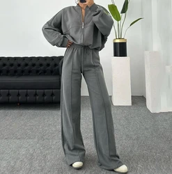 Elegant Womens Two Piece Sets Outfit Loose Fitting Long Sleeved Zippered Top Pants Set 2023 Autumn Winter Spring Fashion Casual