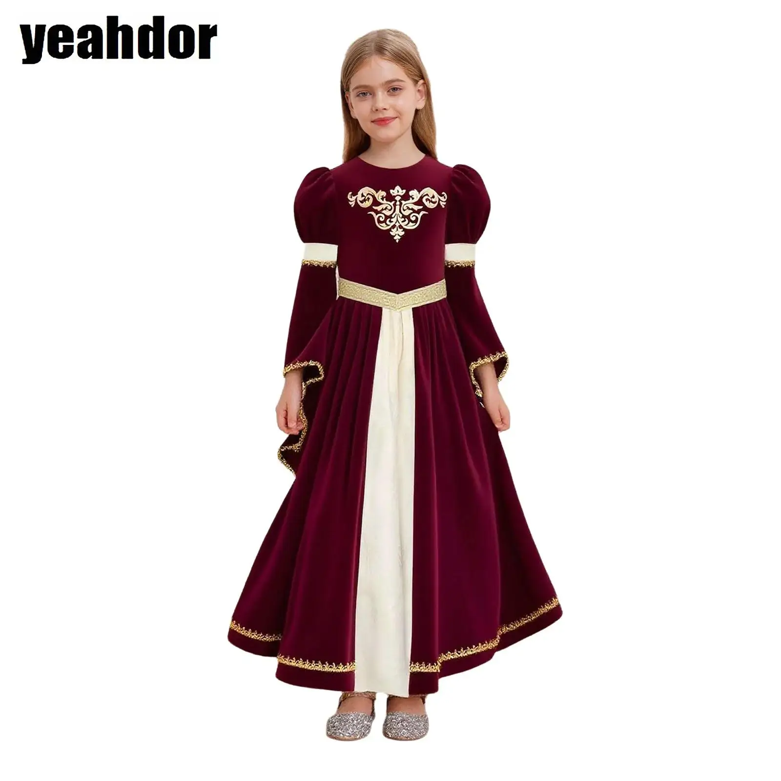 

Girls Medieval Renaissance Dress Queen Cosplay Costume Flare Sleeve Gold Print Ruffle Royalty Princess Gown Xmas Halloween Party