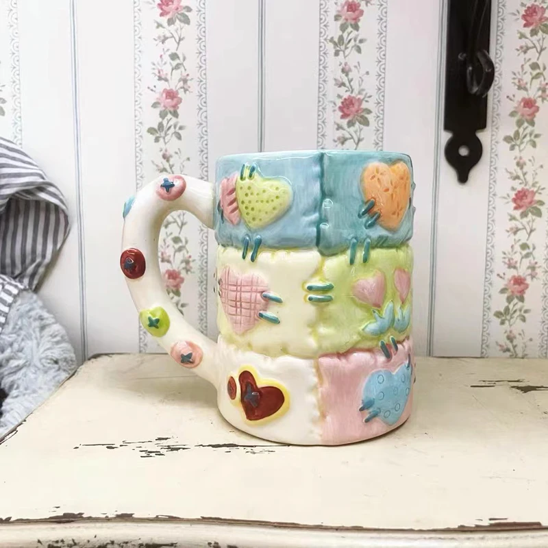 

Patchwork color block love girl heart high temperature resistant ceramic with lid water cup cup gift