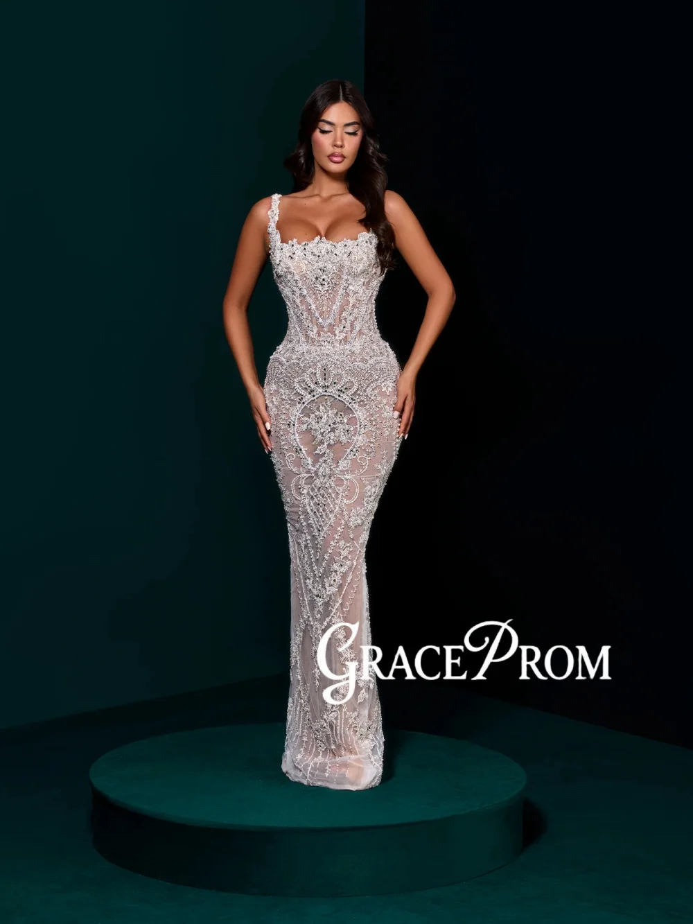 

Sparkling Pearls Appliques Evening Dress Thin Straps Gorgeous Wedding Party Gown Customized Straight Long Red Carpet Gowns