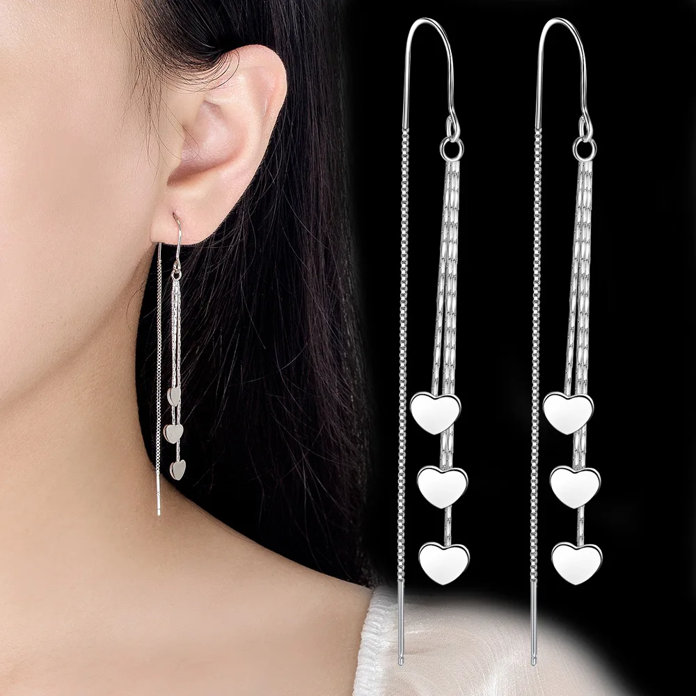 

Real 925 Sterling Silver Jewelry Original New Fashion 3 Layers Chain Long Heart Drop Earrings For Women FQL23021