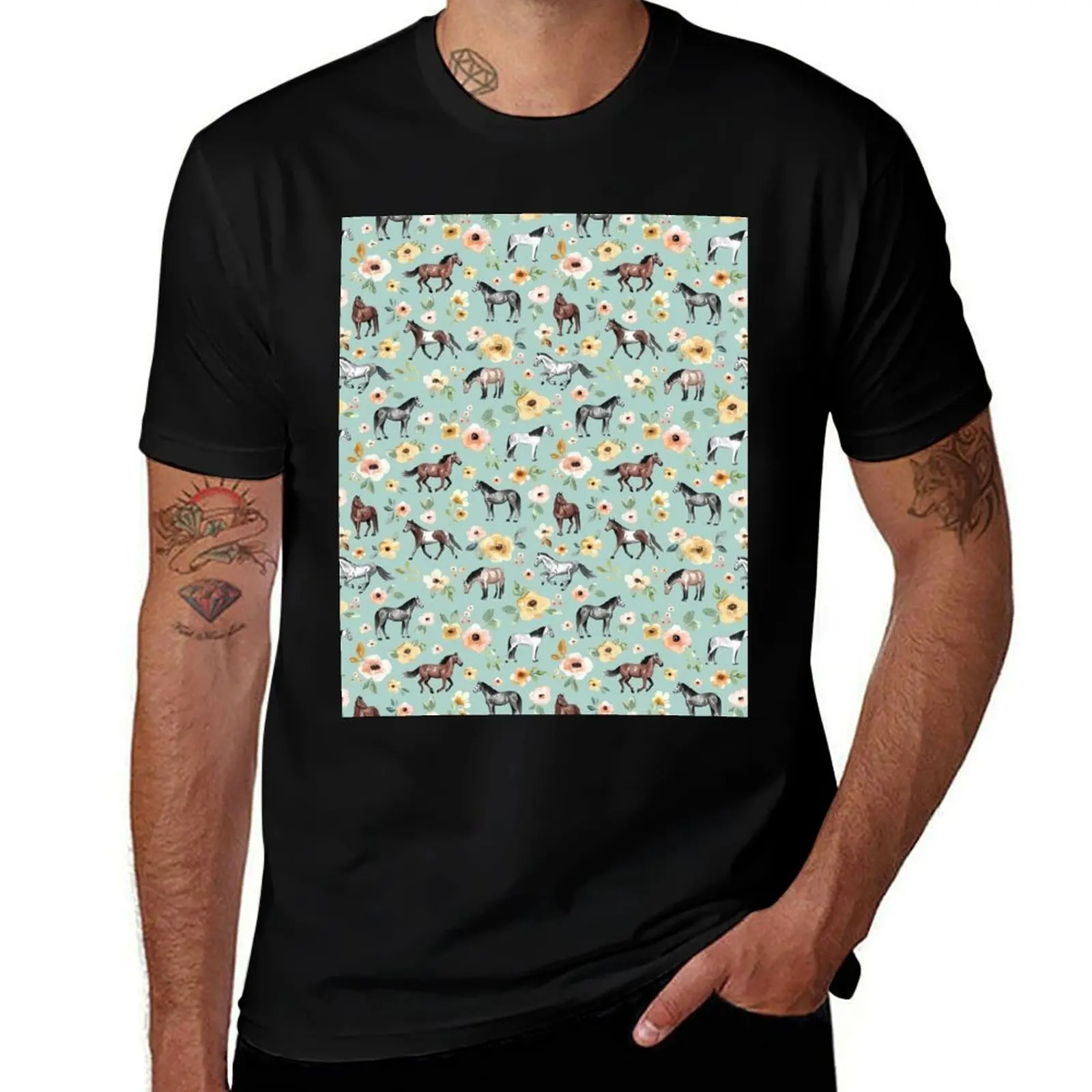 

Horses with Flowers, Sunrise Floral, Blue, Horse Decor, T-Shirt cotton t shirts high quality men t shirt cotton 100%