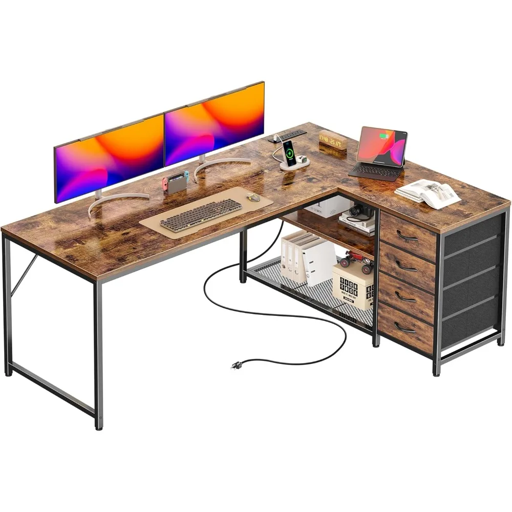 

61" L Shaped Desk with Power Outlets and USB-C Port, Reversible Computer Corner Office Desk with 4 Fabric Drawers and 2 Height-