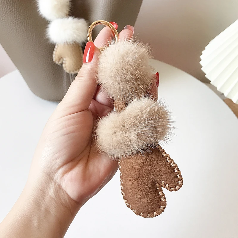 Luxury Fluffy Genuine Mink Fur Real Leather Mitten Keychain For Women Car Key Chain Bag Backpack Charm Accessories Pendant