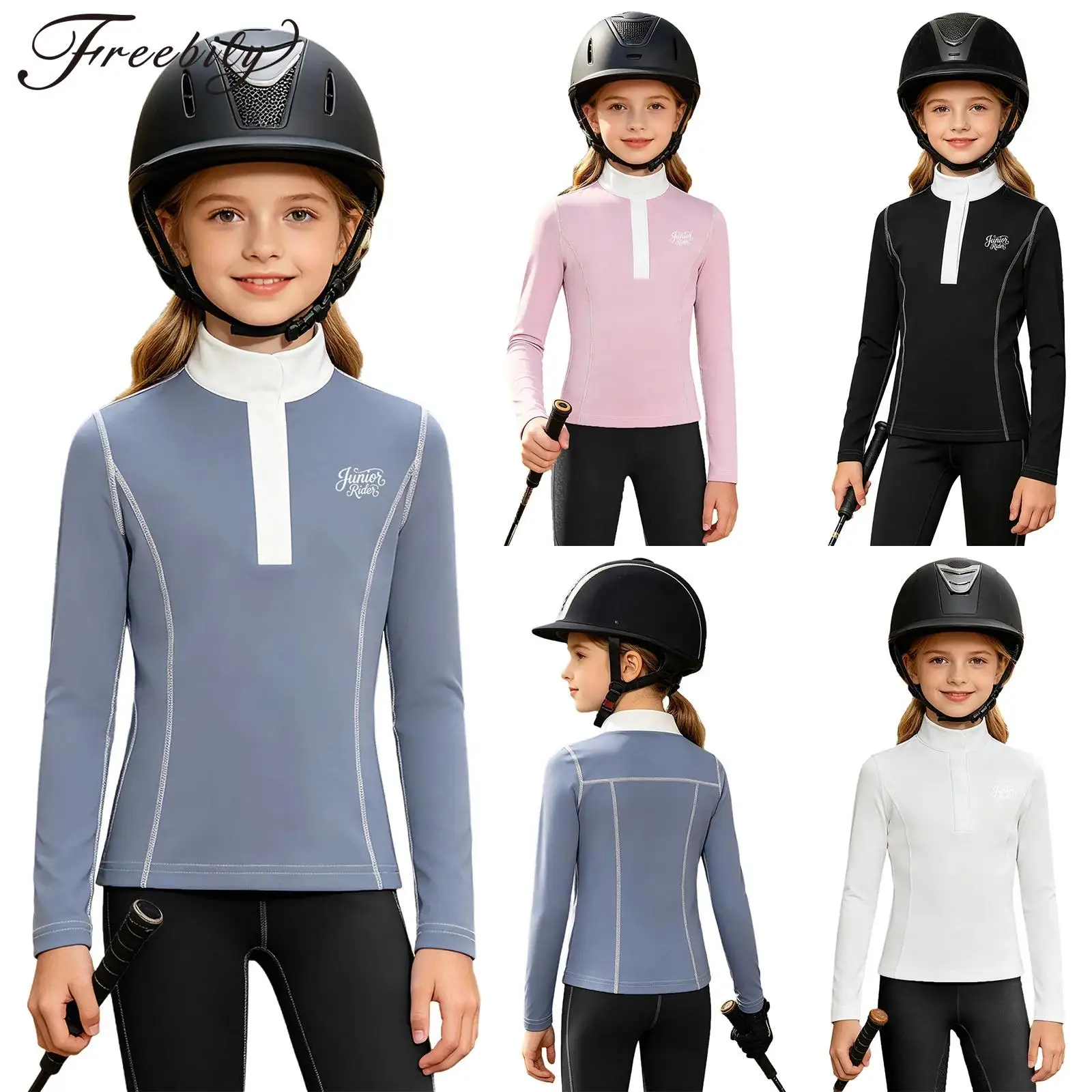 Kids Girls Long Sleeve Equestrian Show Shirt Contrasting Stand Collar Horse Riding T-shirt Quick-dry Athletic Sweatshirt