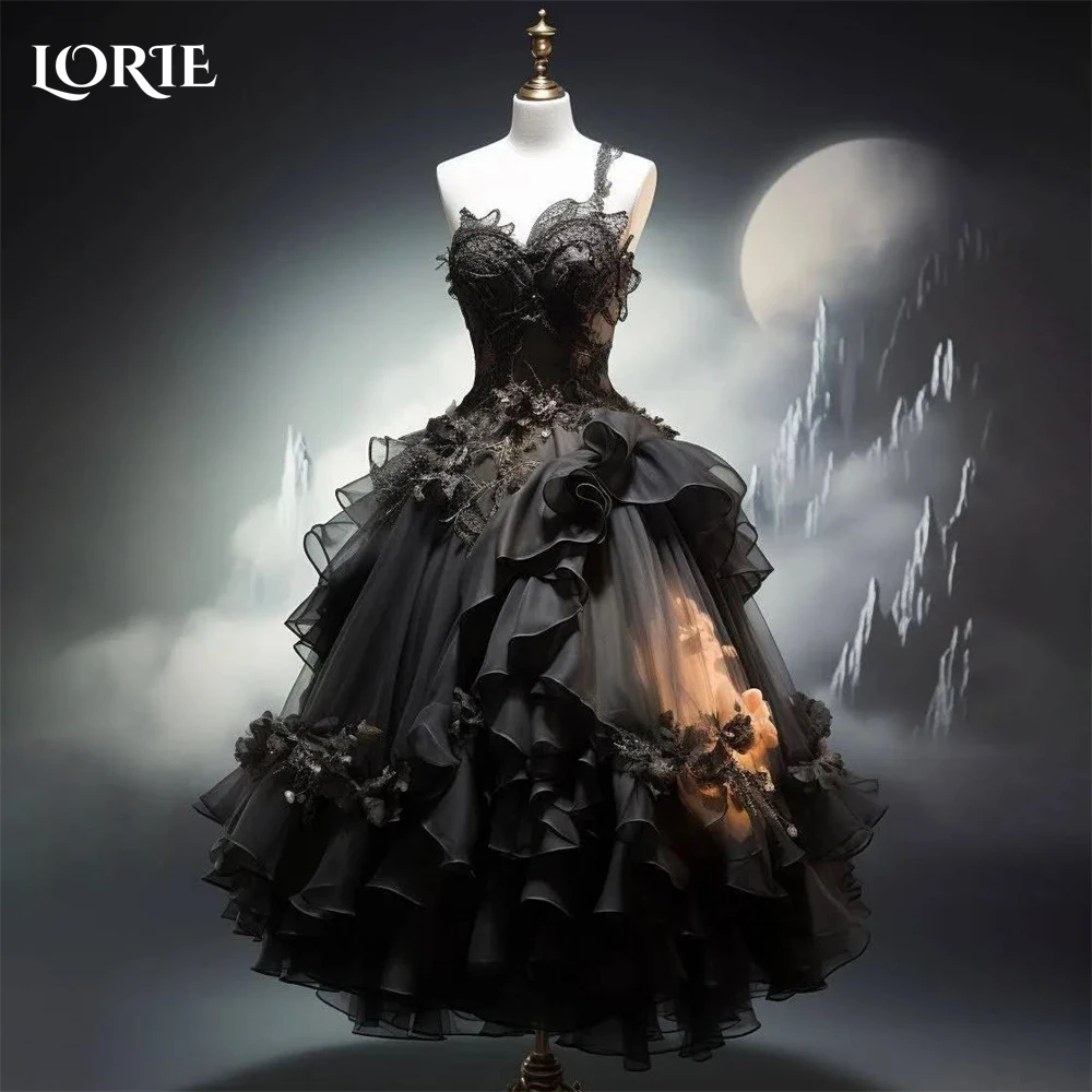 LORIE Black Theme Lace Wedding Dresses One Shoulder Appliues A-Line 3D Flowers Bridal Gowns Tiered Ruffles Princess Bride Dress