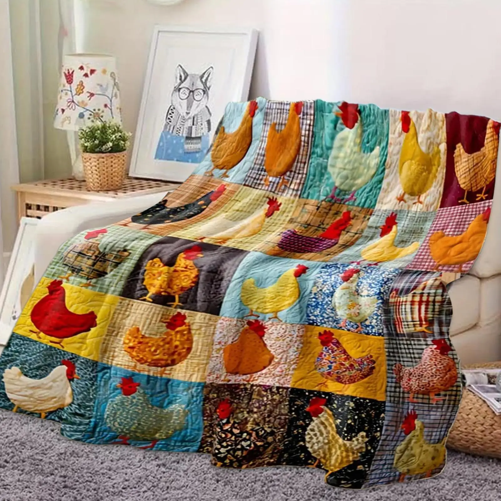 Chicken Print Blanket Soft Foldable Breathable Quilt Throw Cute Animal Pattern Bed Sofa Blanket for Home Bedroom Christmas Gifts