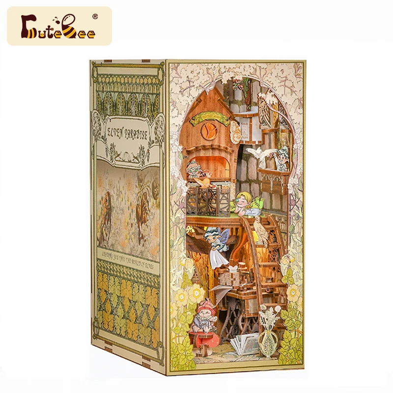 CUTEBEE Puzzle 3D DIY Book Nook Kit Wooden Bookend Touch Light Elven Paradise Booknook Building Bookshelf Decor Model Kit Gifts