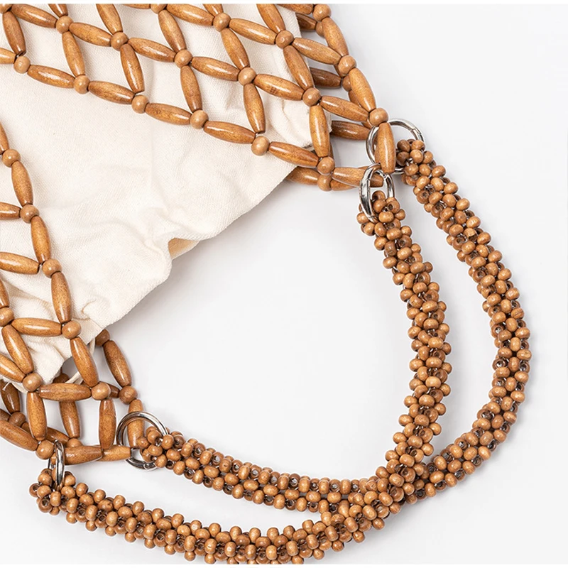 Ahornholz-Perlen-Handtasche, Damen Große Kapazität Hohle Strand-Urlaubstasche, Sommerliche Lässige Schicke Handgewebte Tragetasche – Detail 19