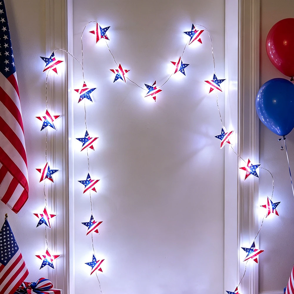 American Independence Day Flag and Star Decorative String Lights, LED String Lights Red White Blue Star Lights for Memorial Da