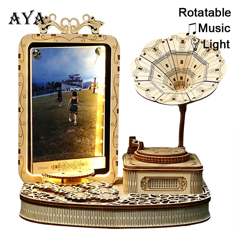 Gramophone Photo Frame 3D Wooden Puzzle Rotatable Music Box With Light DIY Assembly Model Kit Toy Decoration Gift for Teen Adult