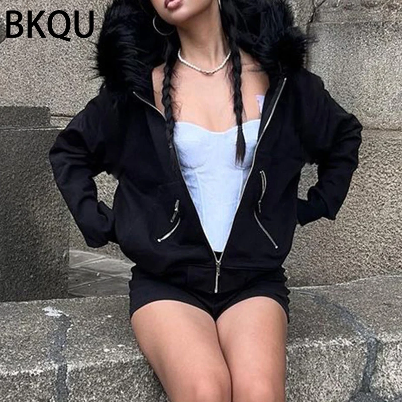 BKQU Gothic Zip Up Hoodies For Women Y2K American Long Sleeve Pockets Furry Hooded Sweatshirts Black Streetwear 2024 Fall Winter