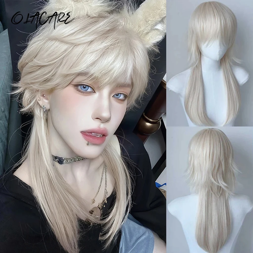 OLACARE Synthetic Color Handsome Synthetic Wig With Bang Medium Natural Wavy Hair Wig for Man or Women Cosplay Heat Resistant