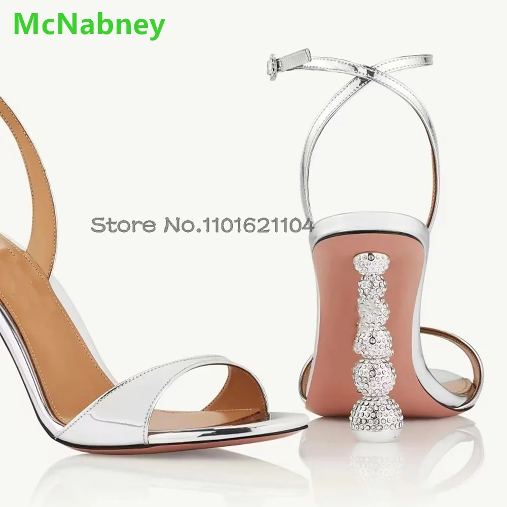 Round Toe Strange Crystal Sandals For Female Women 2024 New Slingback Ankle Buckle Strap Luxury Design Summer Fashion Shoes