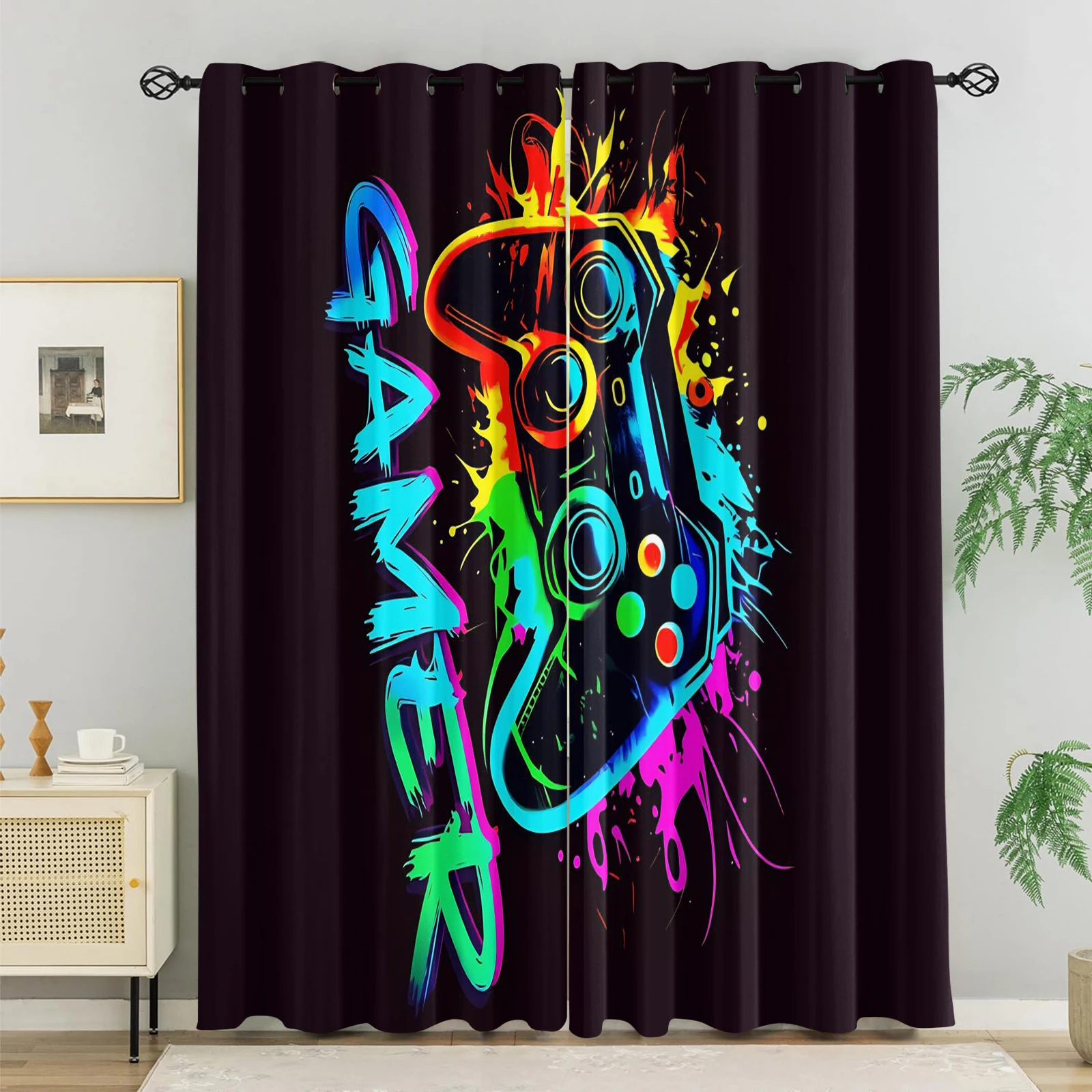 Rainbow Splash Graffiti GAMER Game Controller Blackout Curtain 2Pcs Set Colorful Paint Drip Arcade Gaming Window Drapes