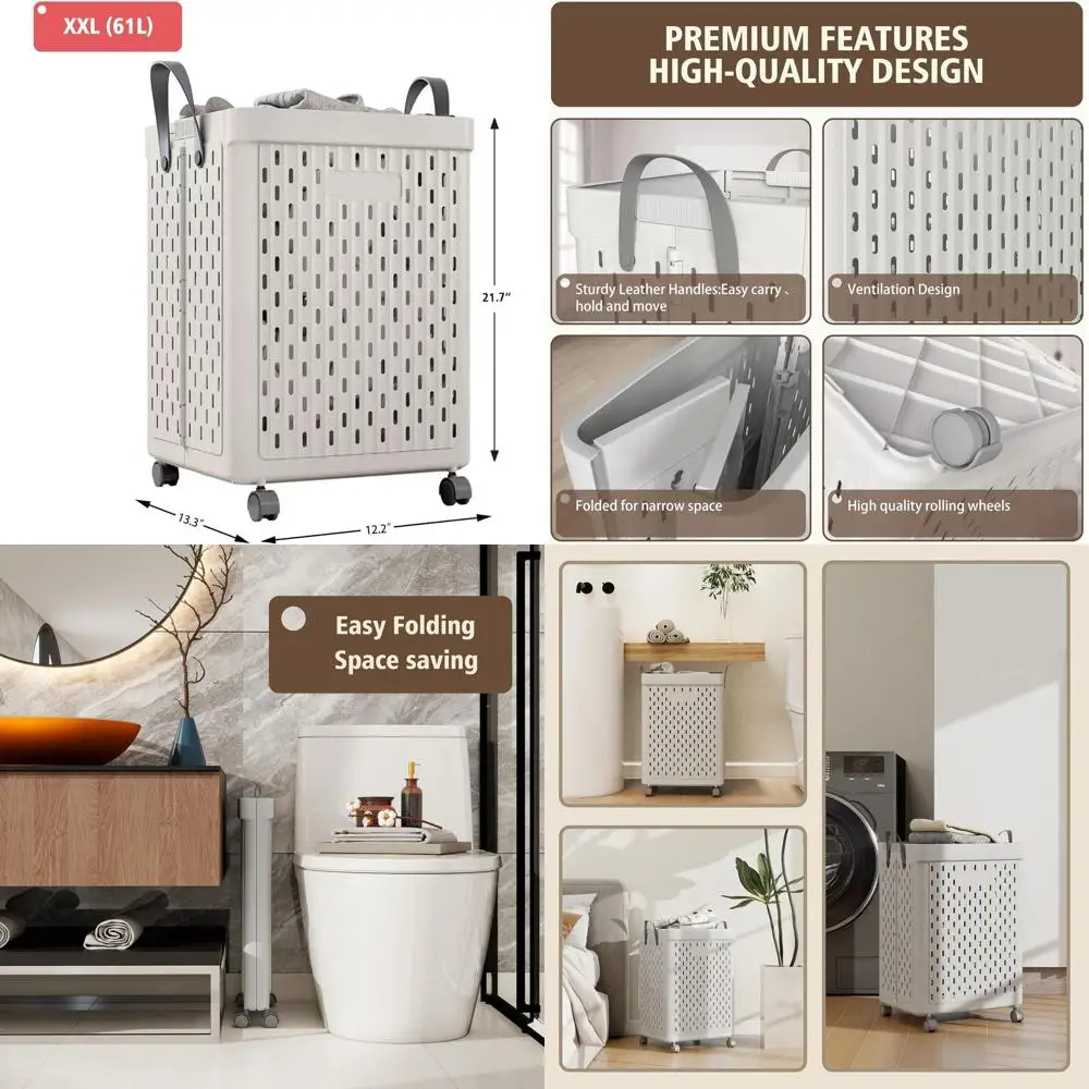 

Складная пластиковая корзина для белья с колесиками и ручкой, складная корзина-органайзер для белья и использования в ванной комнате (серый)