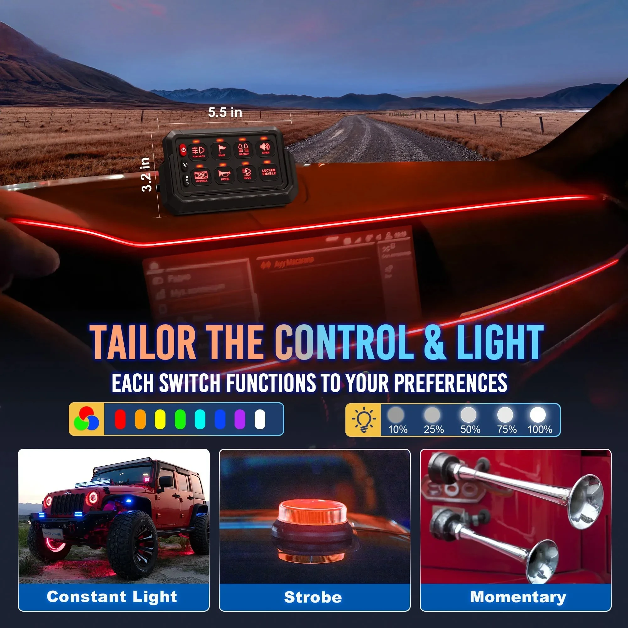 8/12 Gang Wireless RGB Switch Panel, Cordless Adjustable Color Brightness 12‑24V for Offroad Truck SUV UTV