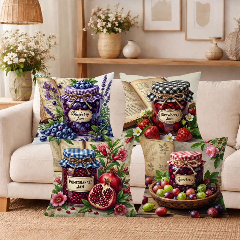 Rustic Farmhouse Printed Pillow Covers Set of 4 Berry Jam Pattern Cottagecore Throw Shams Blueberry Strawberry Pomegranate Polye