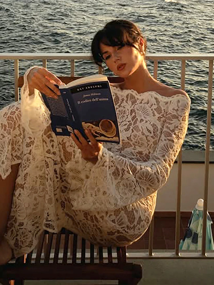 Weird Puss Sexy Jacquard Mesh Dress Women Wave Slash Neck Flare Sleeve Lace Elegant Evening Birthday Prom Party Skinny Bodycon