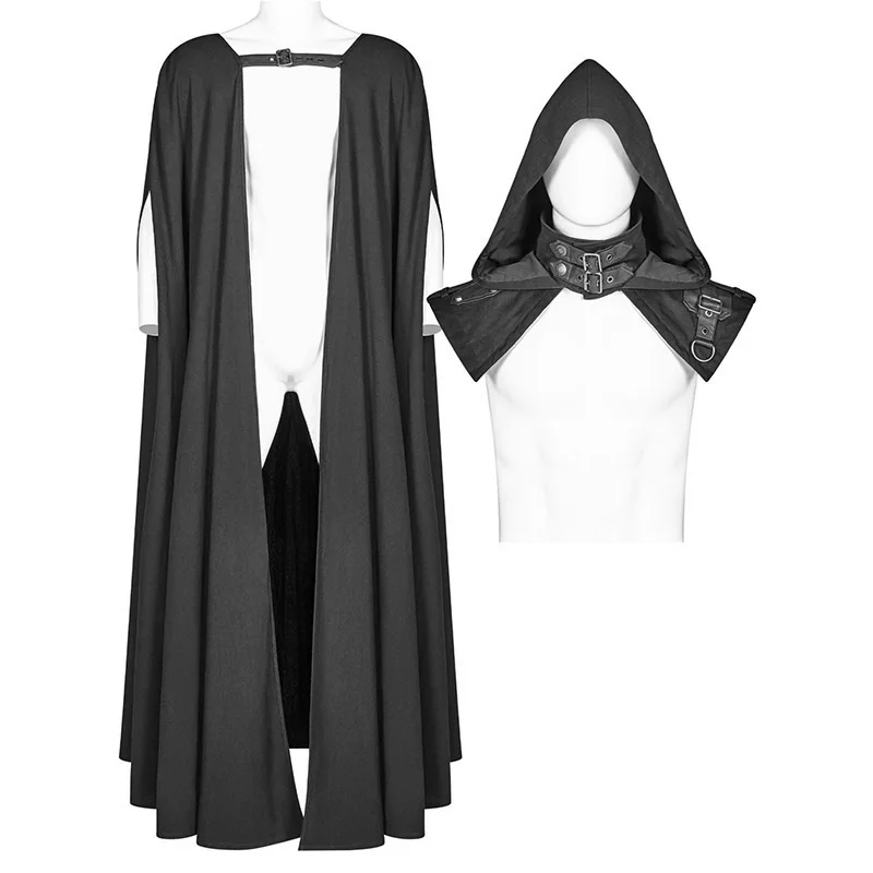 Mantello medievale cappotto con cappuccio da uomo killer Costume Cosplay Vintage Gothic Buckled Stand Collar spalla in pelle cavalieri Maxi Cape