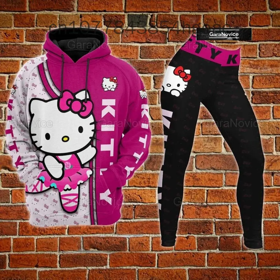 2024 New Hello Kitty Legging Hoodie Set Disney Yoga Pants Sweatpants Women's Disney Yoga Hoodie Leggings Fashion Tracksuit