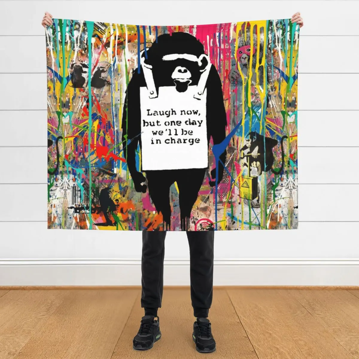 

Banksy Animals Graffiti Stencil Art Collage Laugh Now Chimp Throw Blanket Plaid Camping Hairys Luxury Throw Blankets