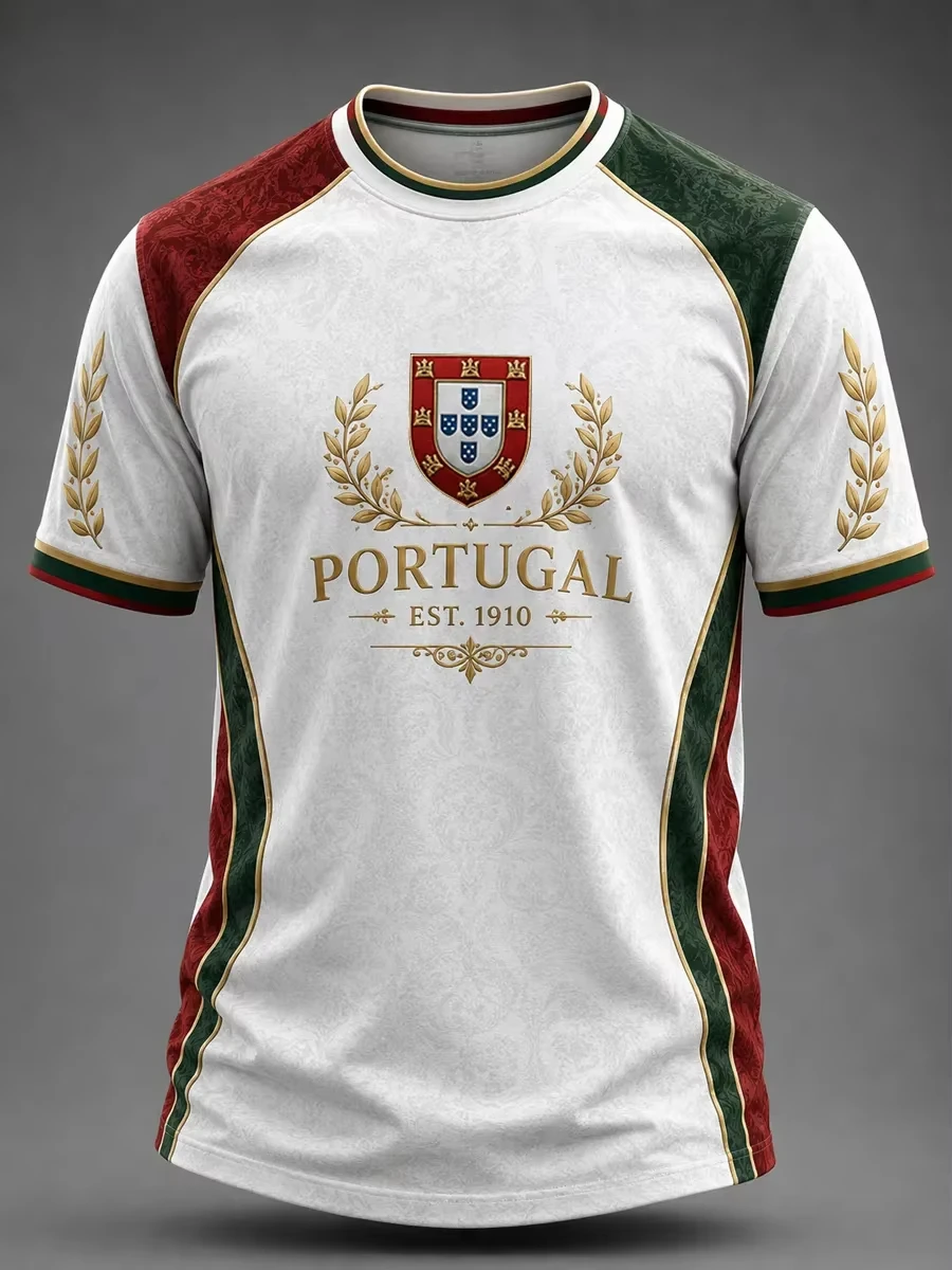 Unisex Portugal Soccer Jersey White Crew Neck Splash Laurel Crest Print EST 1910 Green Red Trim Decor Fan Football Shirt