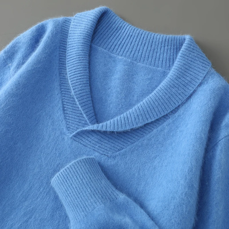 

Lapel 100%Pure Mink Cashmere Sweater Men's V-Neck Loose Knit Pullovers Fashion Thick Warm Coat Autumn and Winter Bottoming Shirt