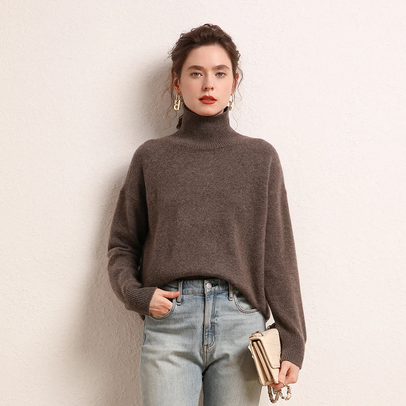 WinvyNee Women Cashmere Wool Brown Sweaters Turtleneck Casual Solid Outerwears Knitted Pullover Jumpers Clothing Winter A1044023