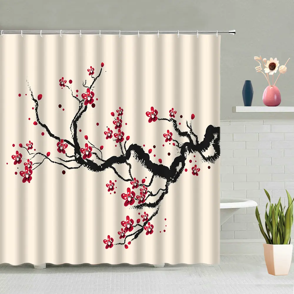 

Pink Flower Cherry Blossom Shower Curtain Peach Blossom Floral Plant Scenery White Printing Bathroom Curtains Set Bathtub Screen