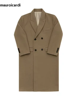 Men's Camel Wool Blend Coat 3 Mauroicardi Autumn Winter Long Warm Camel Black Woolen Coat Men Double Breasted Korean Style Wool Blends Overcoat with Back Slit 3