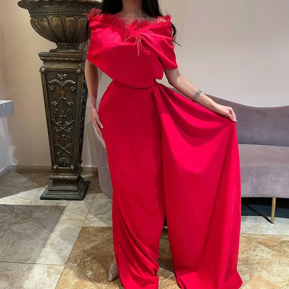 

Customized Classic Panel Train Feathers Pleats Evening Dresses Graceful Straight Off the Shoulder Red Party Gowns فساتين سهرة