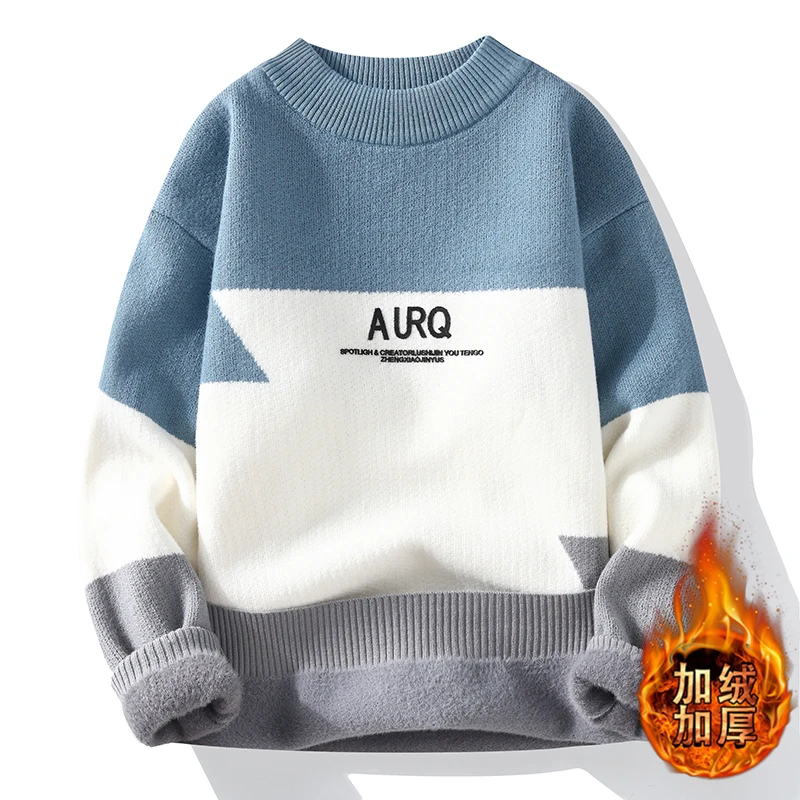 

Мужской теплый вязаный свитер с начесом, повседневный, с круглым вырезом, длинный рукав, смесь полиэстера и вискозы, модный