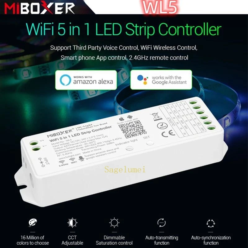 Miboxer WL5 2.4G 5 IN 1 WiFi LED Controller For Single color CCT RGB RGBW RGB+CCT Led Strip APP/TUYA /Third Party Voice Control