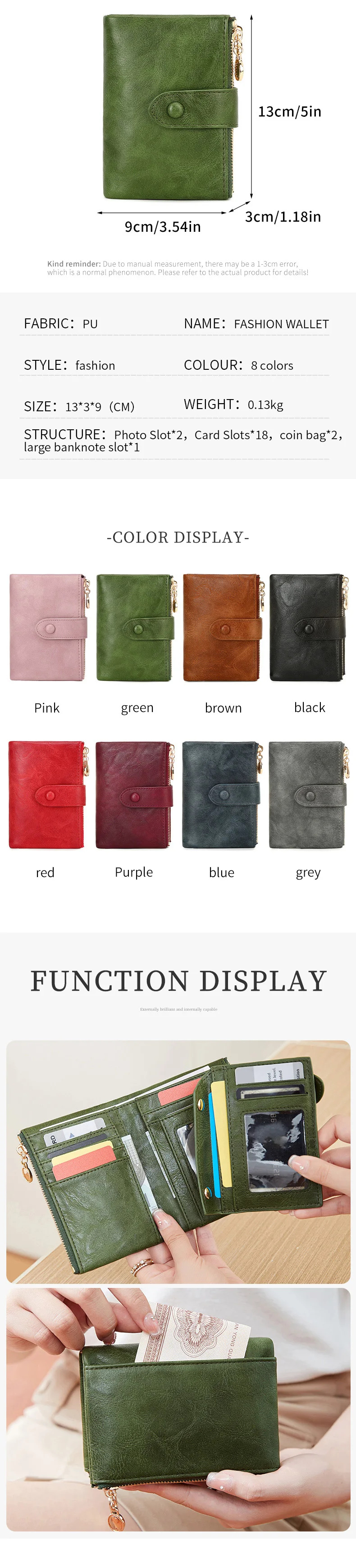 Retro-Geldbörse für Damen, kurz, dreifach faltbar, großes Fassungsvermögen, doppelter Reißverschluss, Ausweis- und Kreditkartenhalter, minimalistisch, einfarbig, Damen-Münzbörse – Detail 2