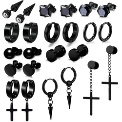 1 Pair Stainless Steel Cross Dangle Hoop Earrings Kit Fashion CZ Stud Piercing Jewelry Set for Men and Women Black Silver Gold